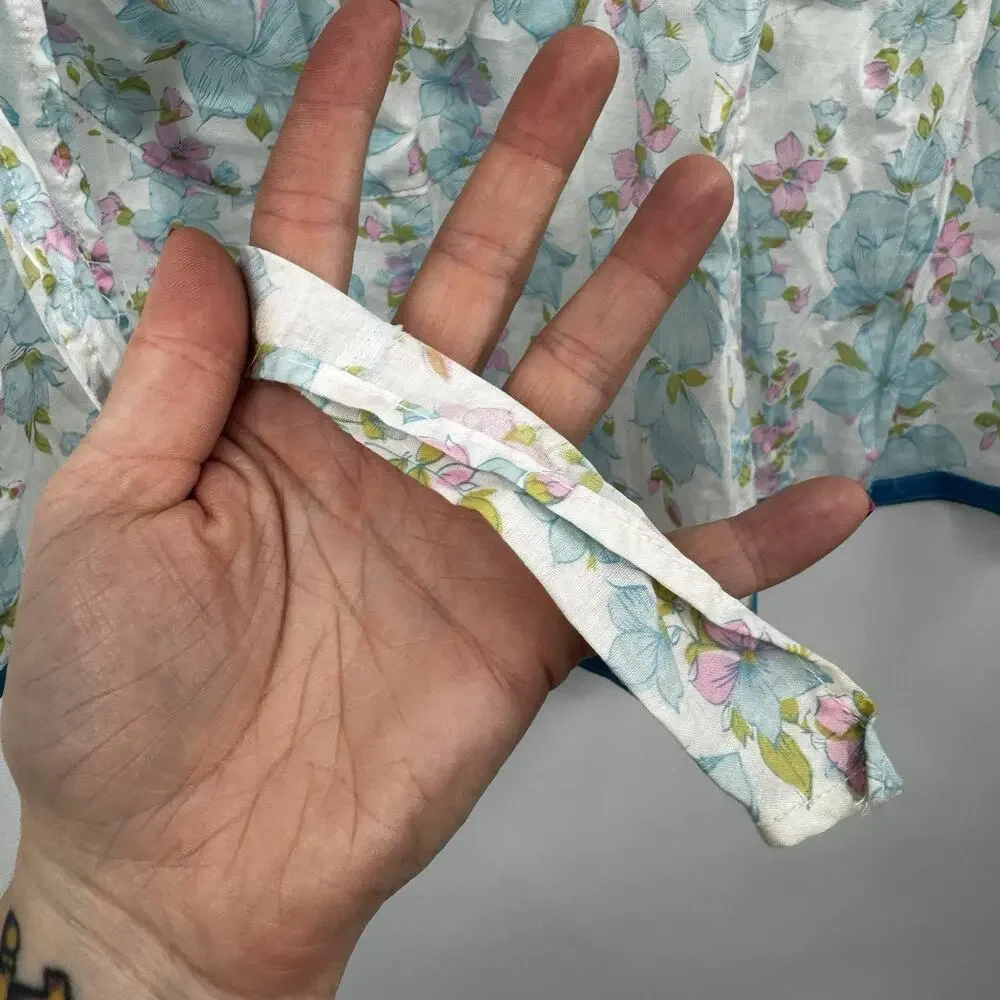 Vintage Mid-Century Light Cotton Pink Blue White Floral Half Apron Blue Ribbon